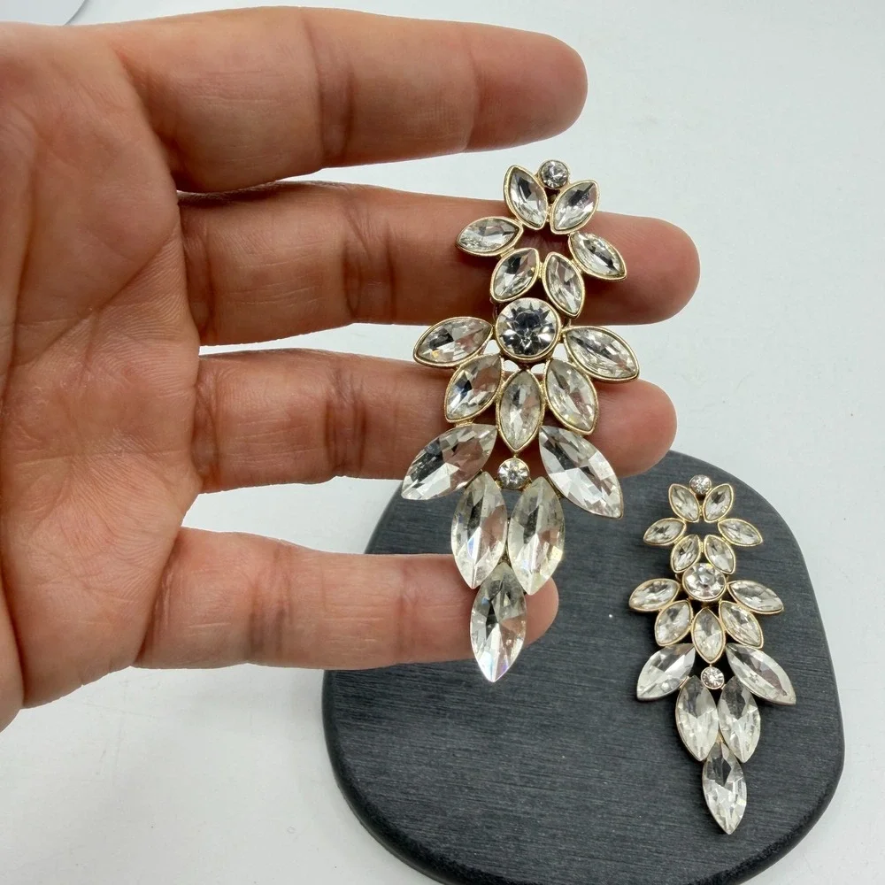 Gold Tone Clear Rhinestone Chandelier Earrings Bridal Statement Jewelry Gift